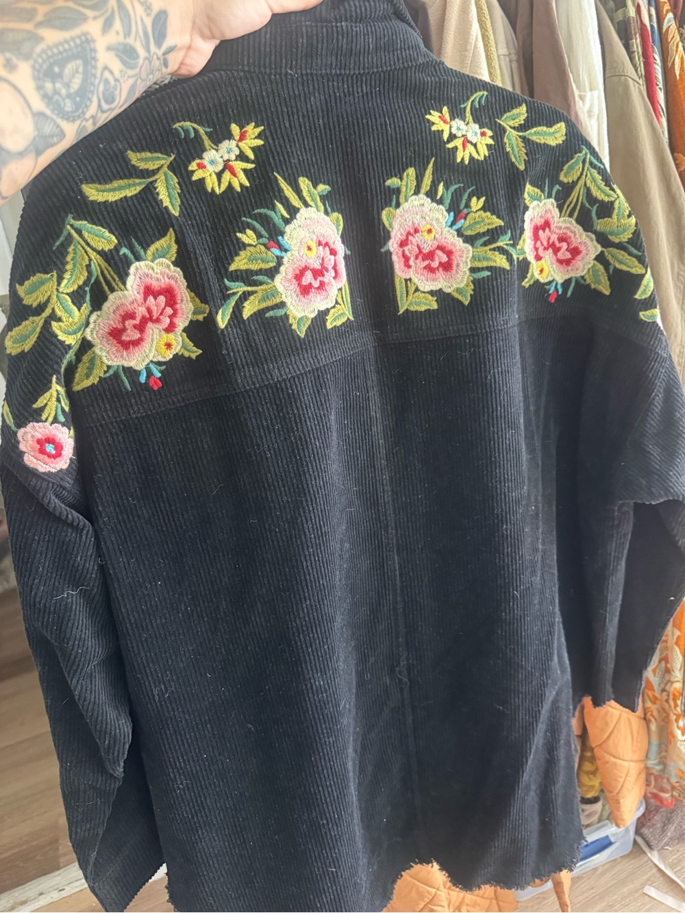Embroidered Floral Black Corduroy Button-Down Shirt